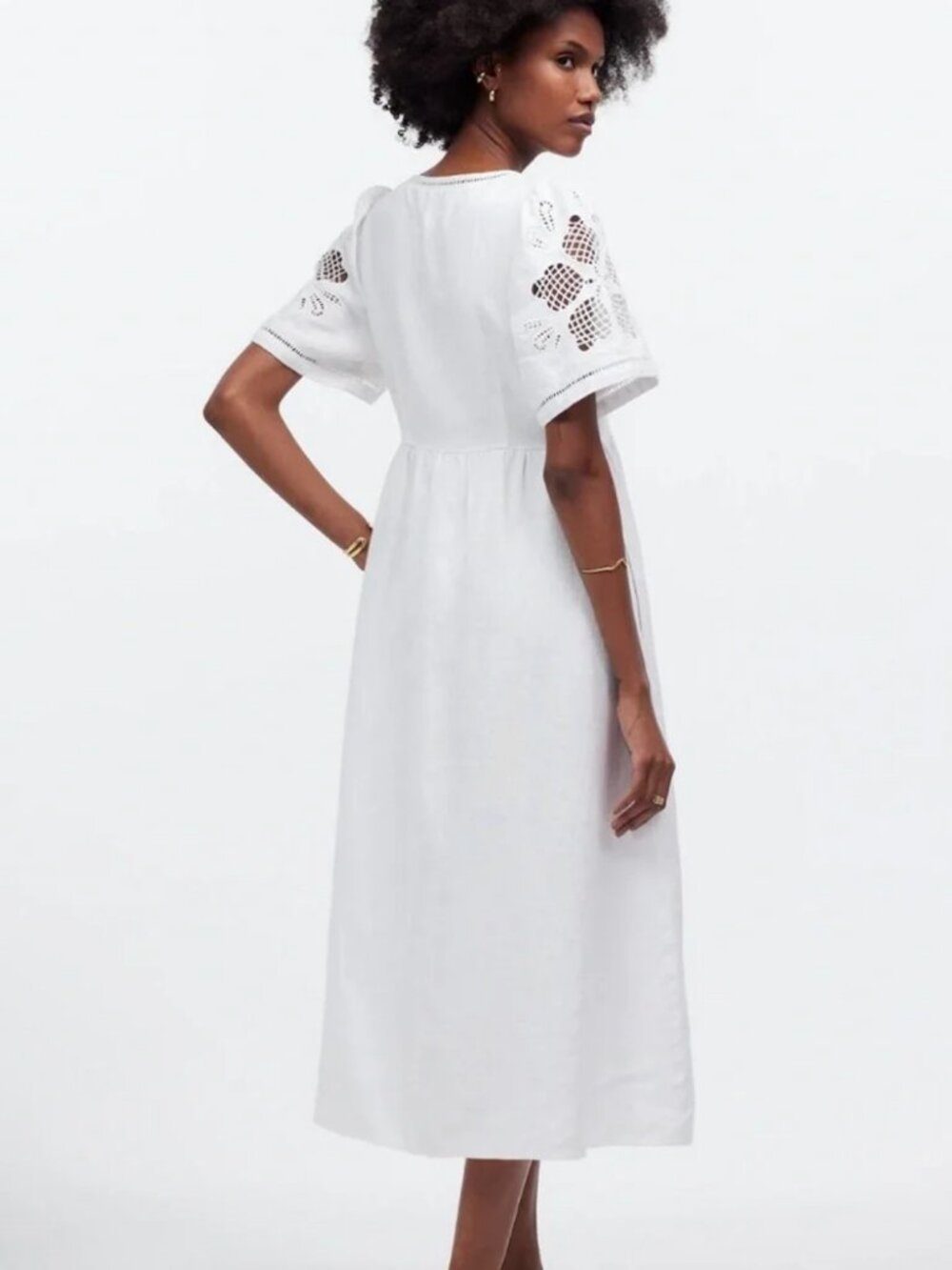 🤍 Madewell White Linen Midi Dress M 🌿 Cottagecore Embroidered Sleeve Boho - Picture 11 of 13